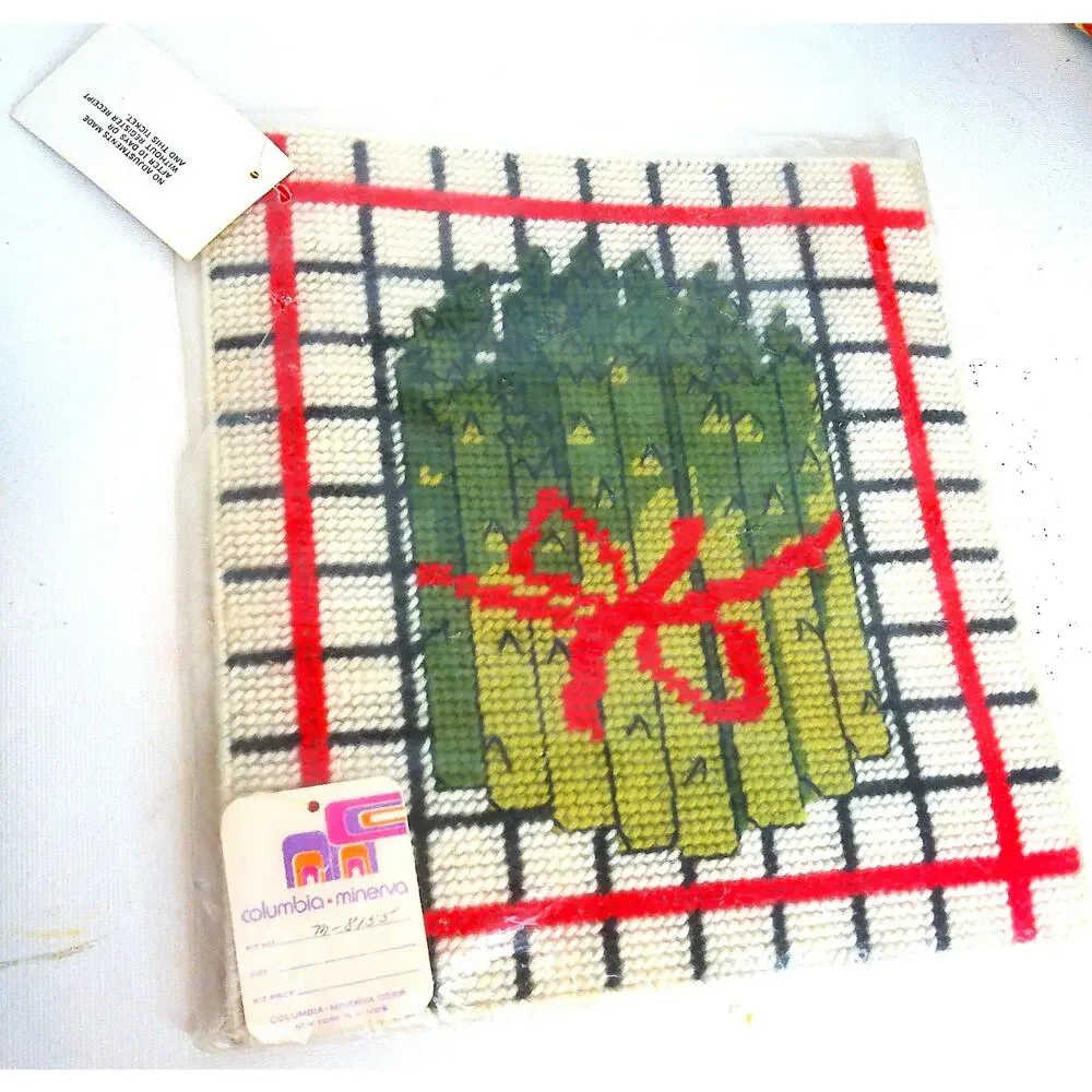 Columbia Minerva Asparagus Needlepoint Vintage Finished 1970s Kitchen Wall Art